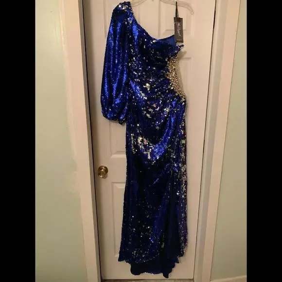 mac duggal royal blue dress Sheath Spaghetti Straps Sparkly Long Formal Dress Royal Blue Sequins P –  SELINADRESS